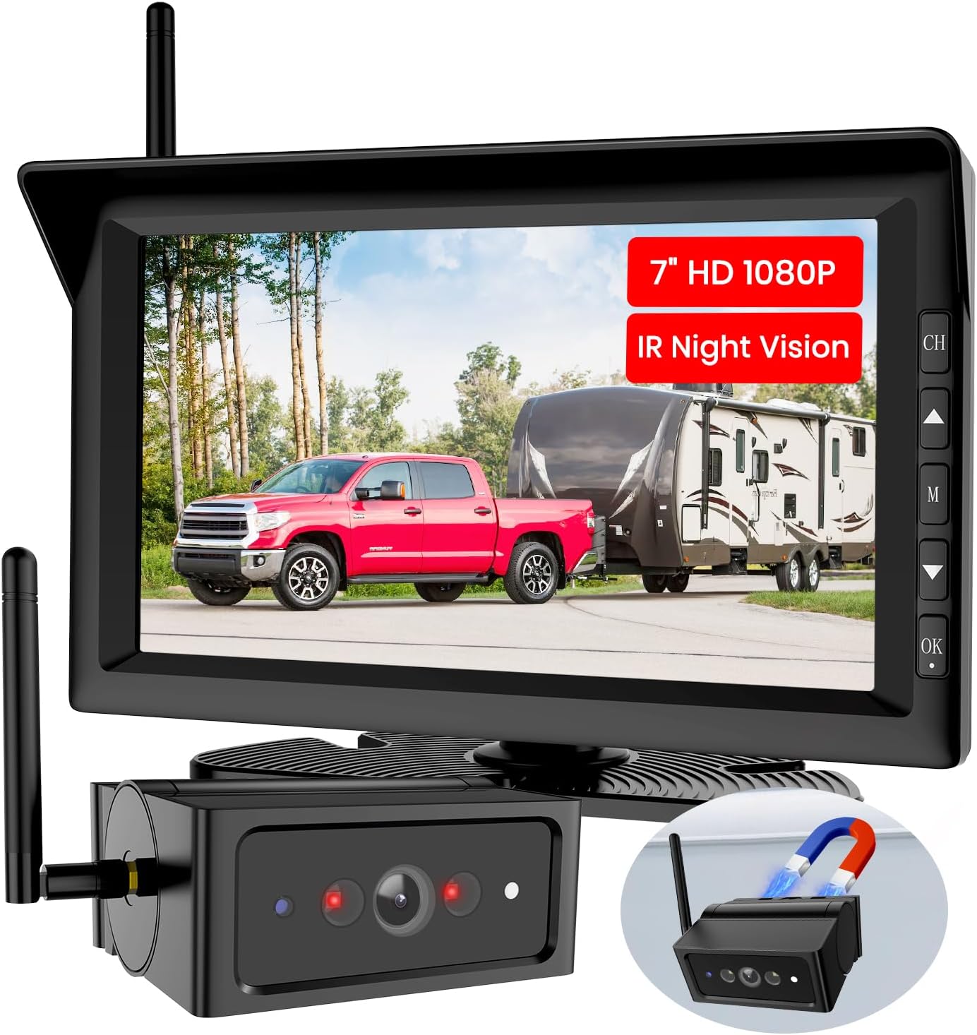 Foxpark S4C Magnetic Wireless Backup Camera with 7" Split Screen Monitor, 2Mins DIY Installation & 1080P Battery RV Back Up Camera System, Trailer Hitch IR Night Vision Rear View Camera for Truck,Camper