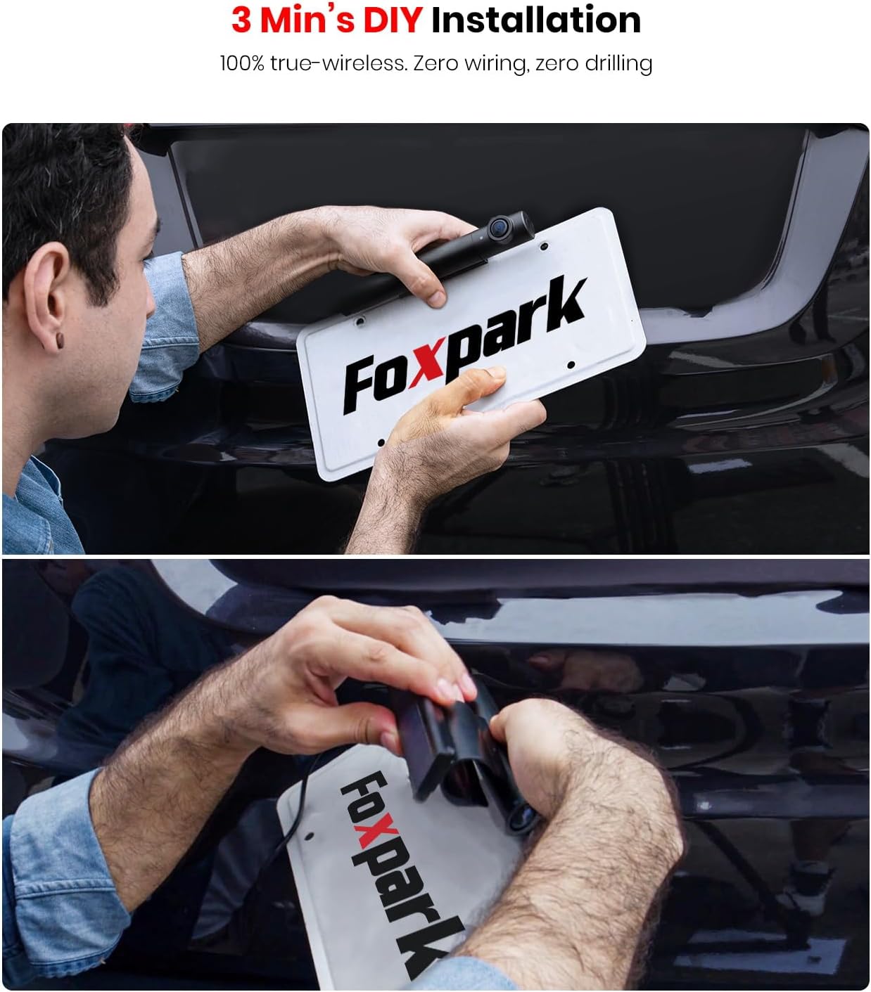 Foxpark S1 Solar Wireless Backup Camera, 3Mins DIY Installation, 1080P Battery Powered Car Back Up Camera System, Support 2 Channels Hitch Reverse Camera for SUV/Van/Truck/Trailer