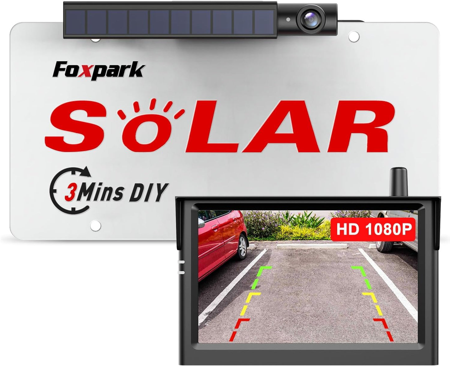 Foxpark S1 Solar Wireless Backup Camera, 3Mins DIY Installation, 1080P Battery Powered Car Back Up Camera System, Support 2 Channels Hitch Reverse Camera for SUV/Van/Truck/Trailer