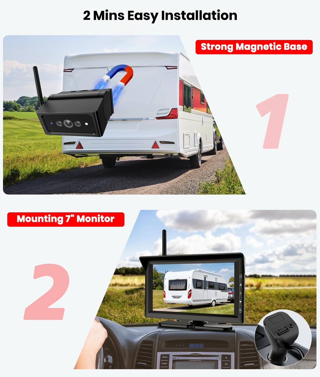 Foxpark S4C Magnetic Wireless Backup Camera with 7" Split Screen Monitor, 2Mins DIY Installation & 1080P Battery RV Back Up Camera System, Trailer Hitch IR Night Vision Rear View Camera for Truck,Camper