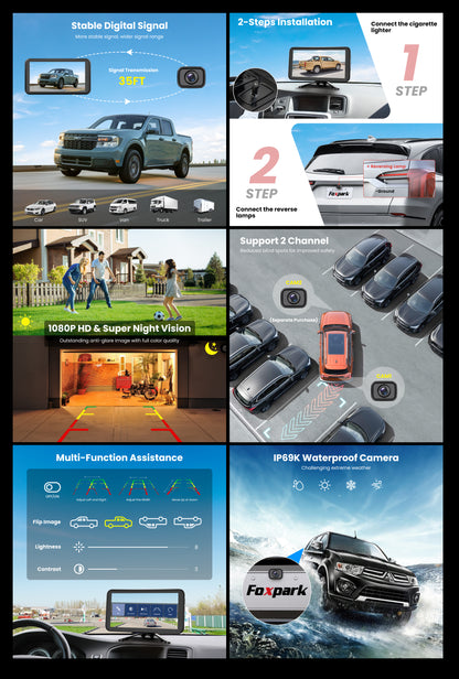 Foxpark Wireless Backup Camera for Trucks 4.8 Inch: HD 1080P Easy Install 2 Channels Back Up Camera Systems, Stable Digital Signal Night Vision Wide Angle Rear View Camera for Car Pickup Van SUV - Foxpark W11