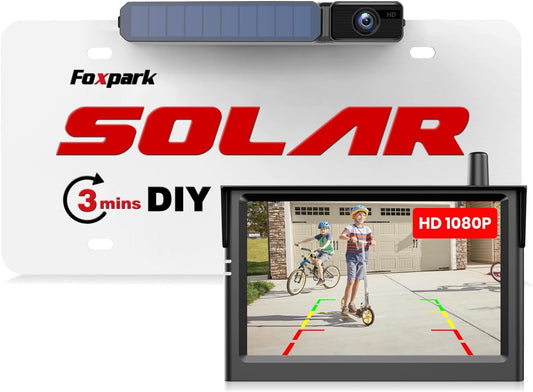 Foxpark Solar Wireless Backup Camera with HD 1080P 5" Monitor,3 Mins DIY Installation, IP69K Waterproof Back Up Camera Systems, Support 2 Channels Reverse Camera for Car, Truck, Trailer, Van, RV