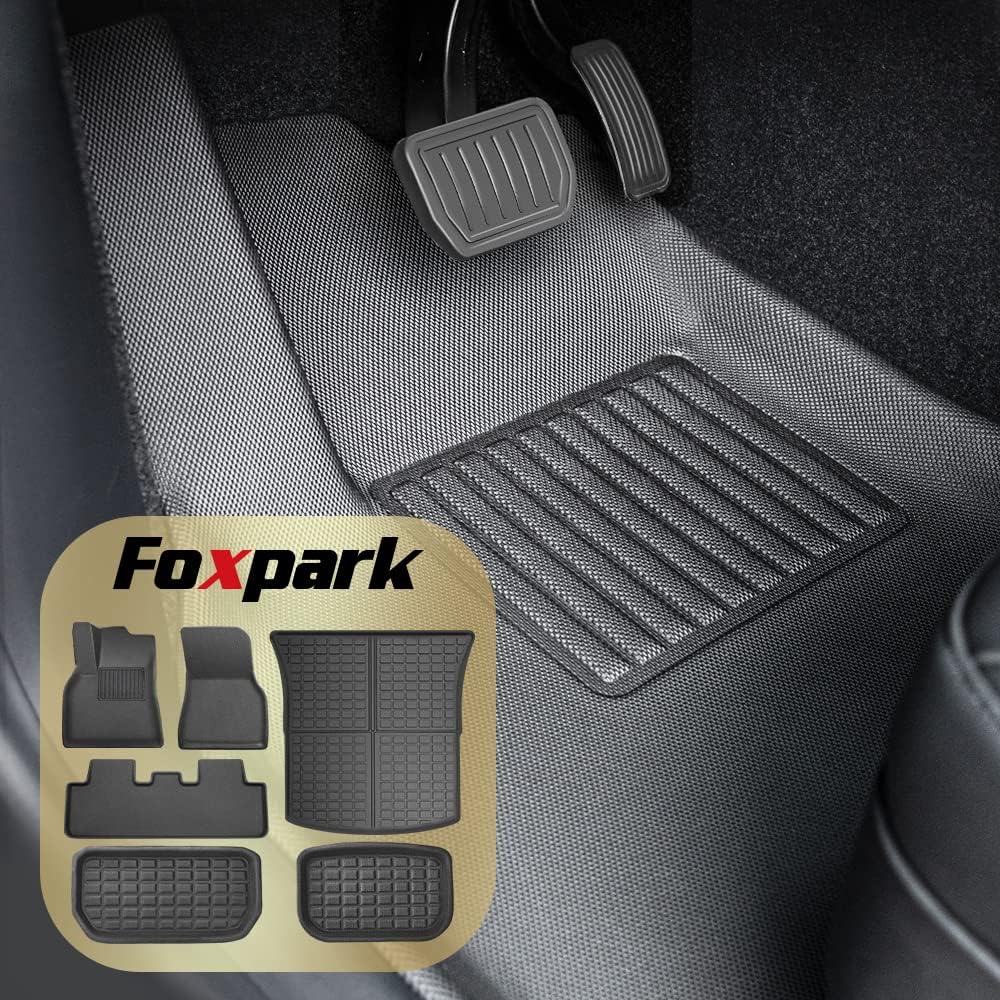 Tesla Model Y Floor Mats Custom Fit for Model Y 2023 2022 2021, Foxpark All-Weather 100% TPE Odorless Waterproof, 1st & 2nd Row, Rear & Front Trunk, Cargo Liners, Full Set Accessories