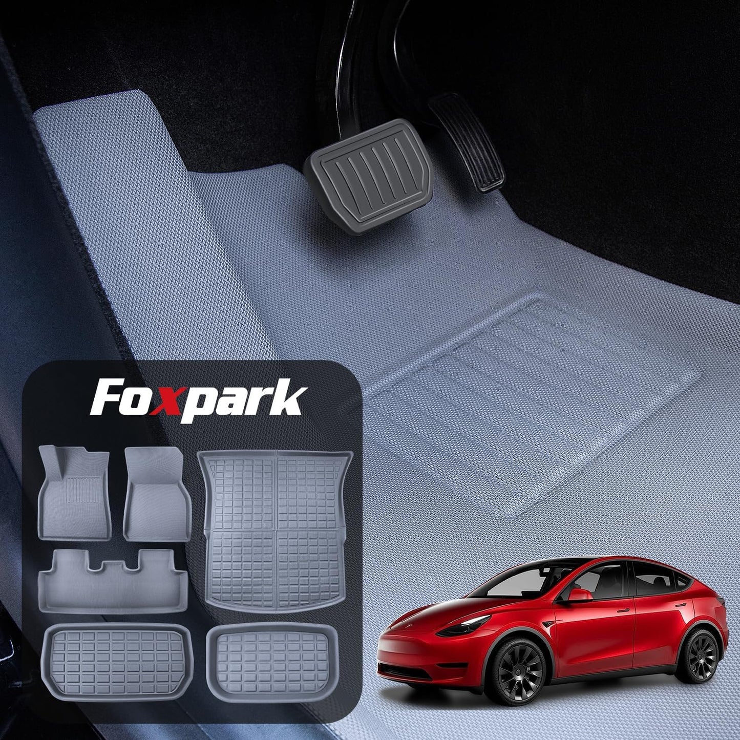 [New 2023] [Grey] Tesla Model Y Floor Mats Custom Fit for Model Y 2023 2022 2021, All-Weather 100% TPE Odorless Waterproof, 1st & 2nd Row, Rear & Front Trunk, Cargo Liners Foxpark