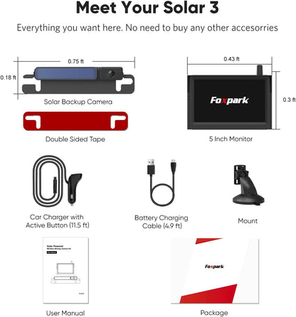 Solar Wireless Backup Camera for Car (1080P), 3 Mins DIY Installation, Foxpark Solar 3 Back Up Camera Systems Wireless 5 inch Car Monitor, IP69K 2 Channels Reverse Camera for Car, Truck, Van, RV
