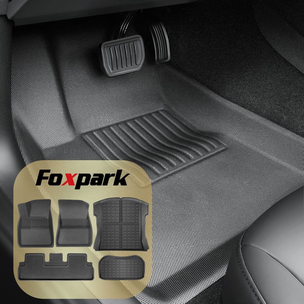 Tesla Model 3 Floor Mats Custom Fit for 2019 2020 2021, Foxpark Tesla Model 3 Floor Mats, 100% TPE All-Weather Odorless Waterproof, 1st & 2nd Row, Front Trunk, Cargo Liner